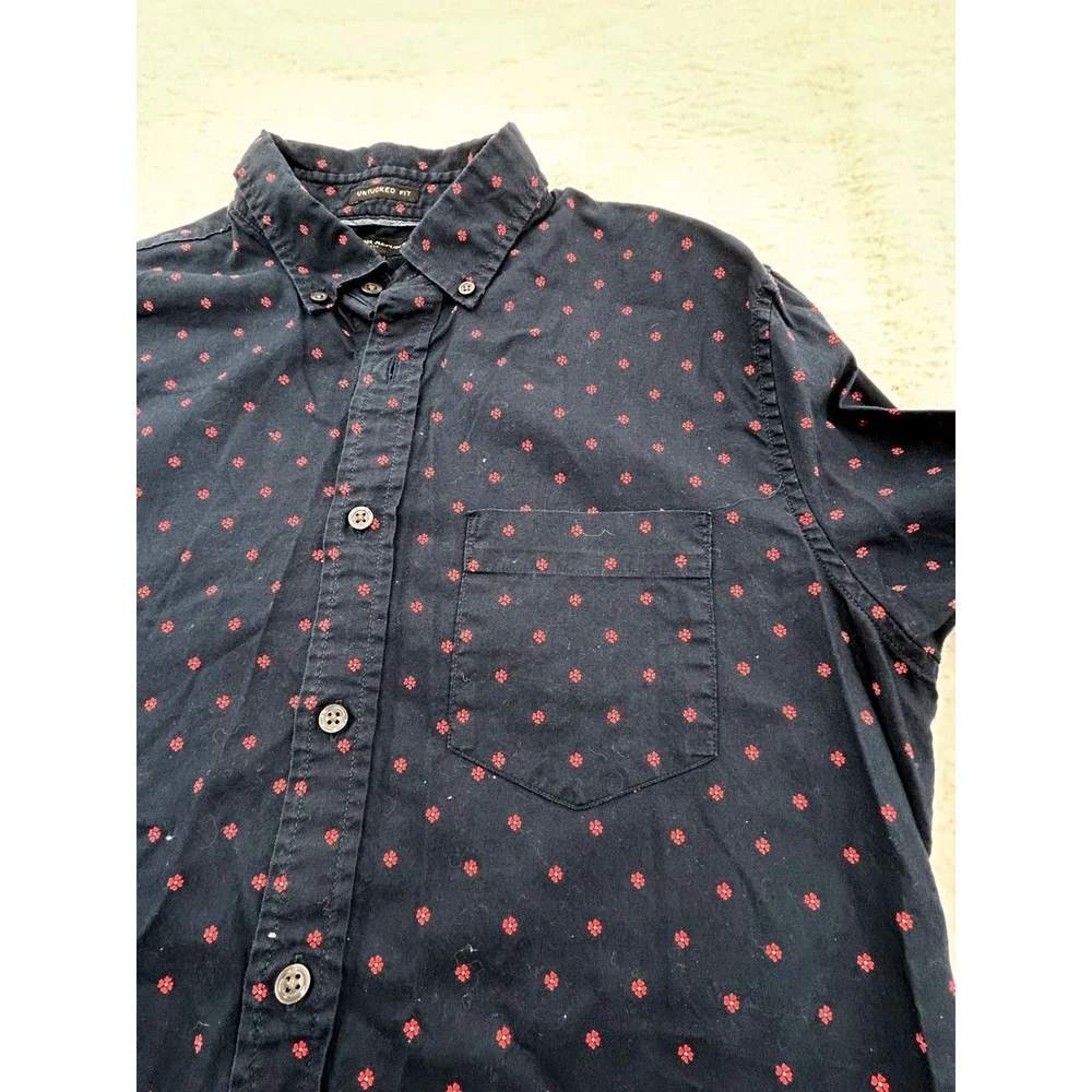 Banana Republic Mens Untucked Fit Shirt Medium Navy Blue Red Micro Floral Cotton